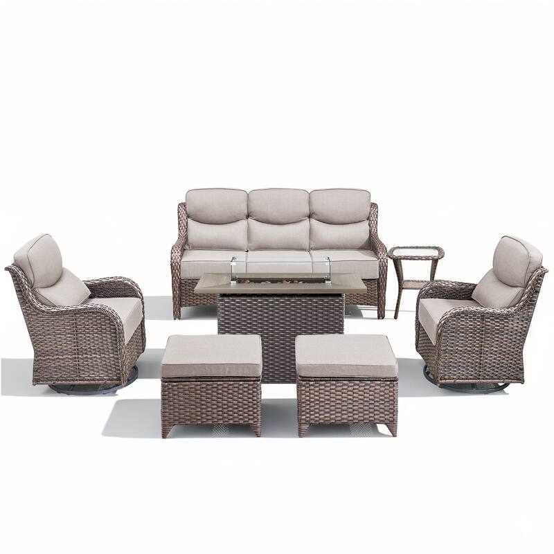 Meyreso 7-Piece Wicker Outdoor Patio Fire Pit Conversation Set with 6-Inch Thick Cushions