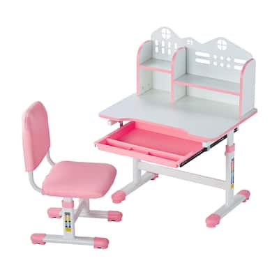 Pink Height Adjustable Kids Study Chair and Desk with Bookshelf and Drawer - 27.56 x 19.69 x (20.87 - 27.95) in