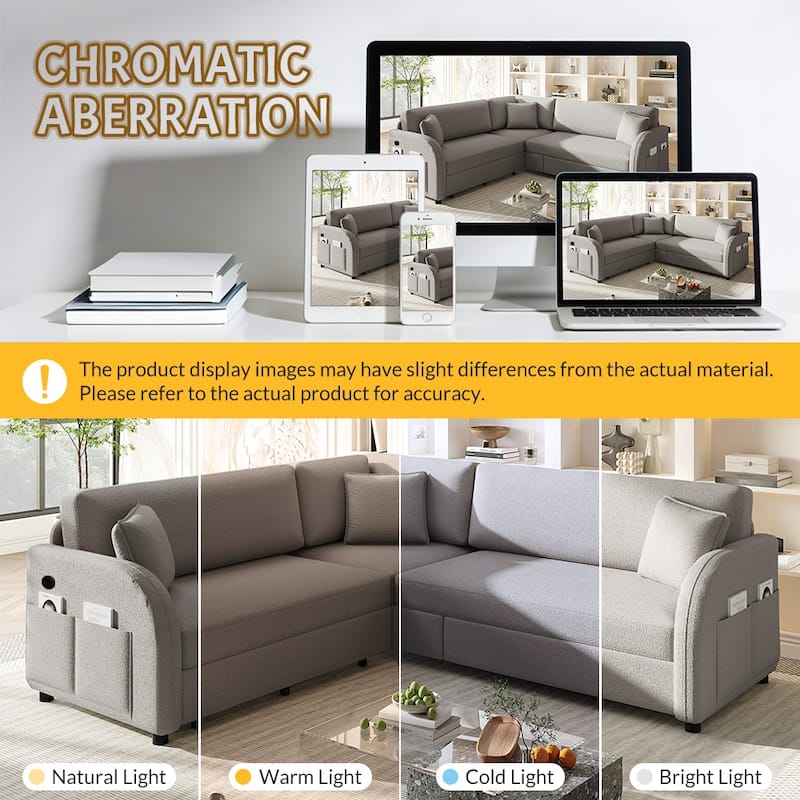 Sectional Sleeper Sofa with Pull Out Bed, Convertible Teddy Fabric Couch with Side Pockets & USB Ports, L Shaped Modular Couches