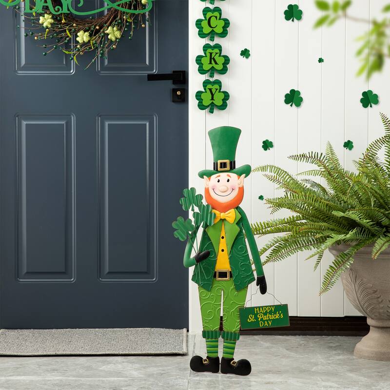 Glitzhome 36"H St. Patrick's Metal Leprechaun Decor(Three Function) - A