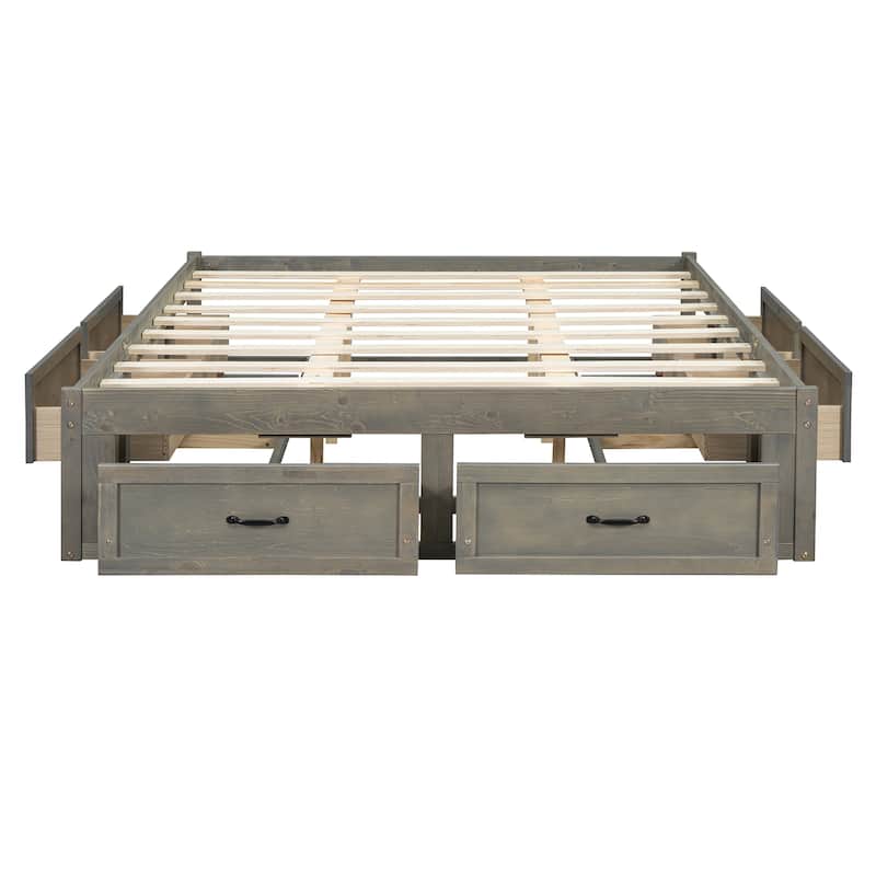 Queen Size Platform Bed Frame with 6 Built-In Storage Drawers, No Headboard, Low Profile Design in Antique