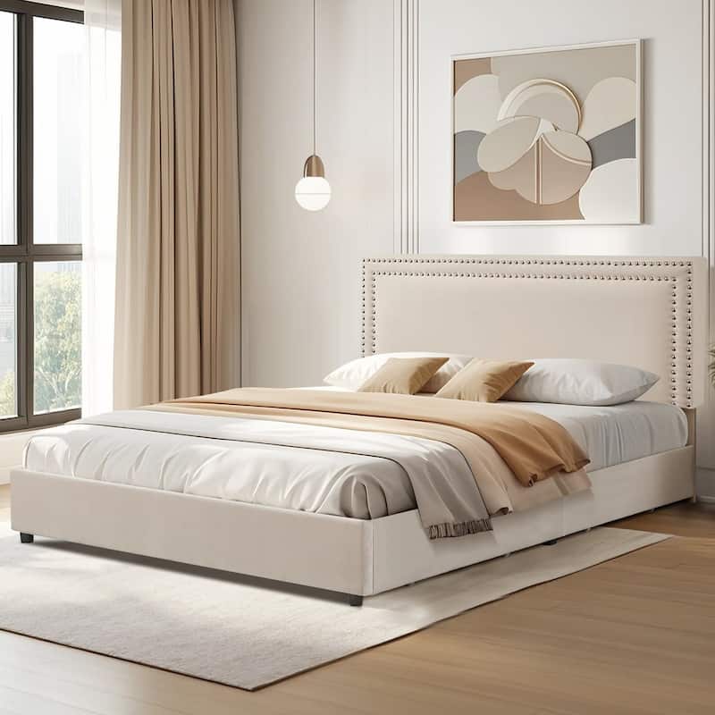 VECELO Upholstered Storage Bed Frames with 4 Storage Drawers Platform Bed Frame with Adjustable Velvet Rivets Headboard