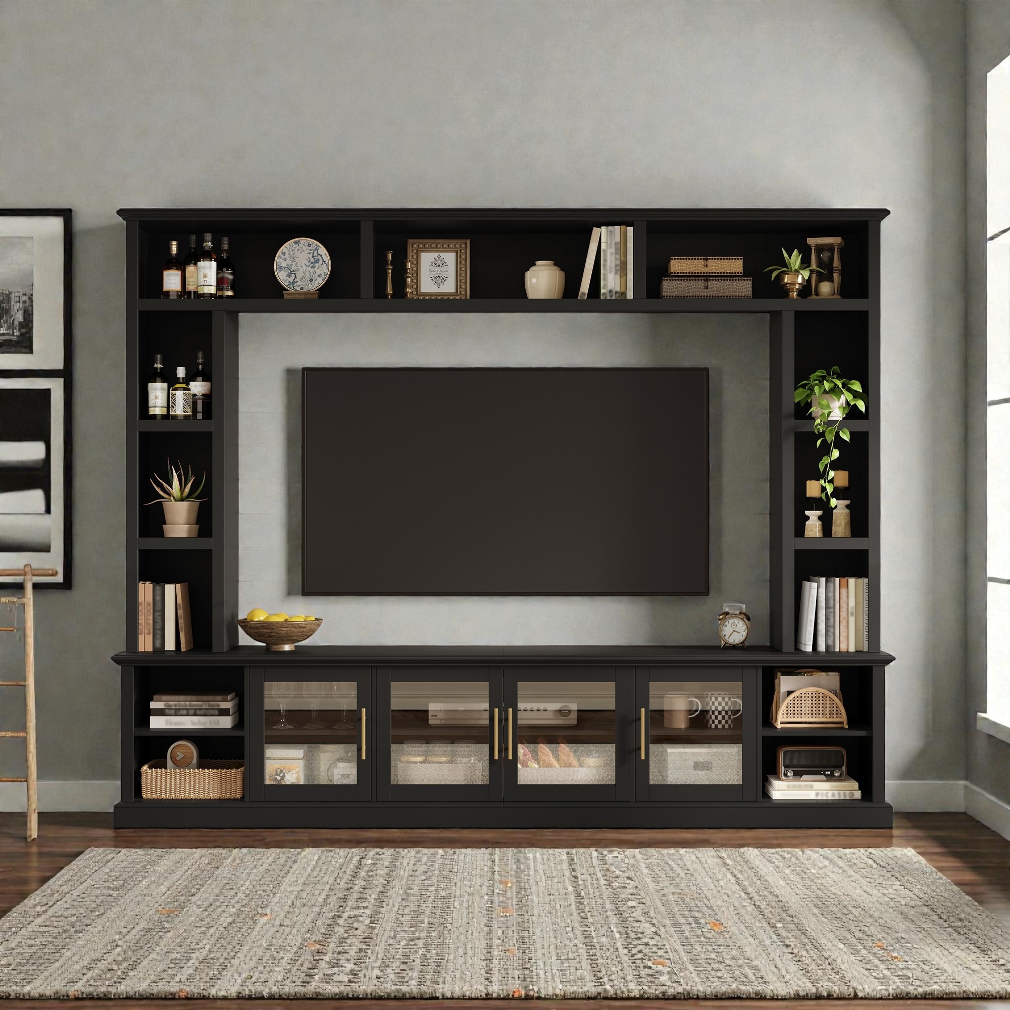 Modern Entertainment Center Wall Unit for TVs up to 80", TV Stand with Bookshelves, Shelving & Tempered Glass Doors