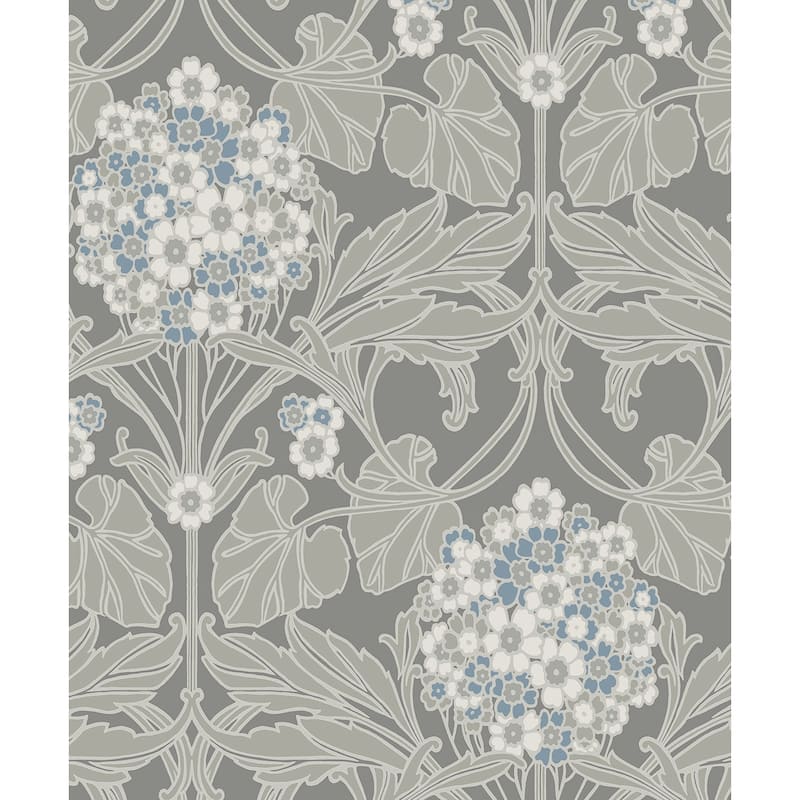 Seabrook Designs Floral Hydrangea Nonwoven Unpasted Wallpaper - 20.9 in. W x 33 ft. L - Daydream Grey & Carolina Blue
