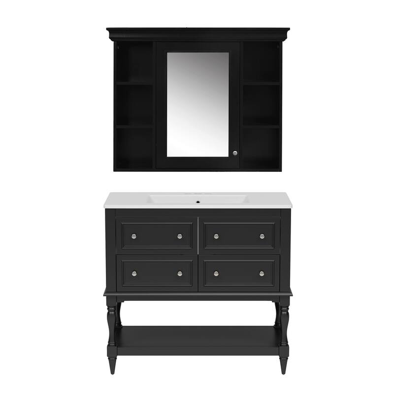 36''Bathroom Vanity with Medicine Cabinet,Modern Mirror Cabinet with Adjustable Shelf,Cabinet with 4 Drawers,Solid Wood Frame