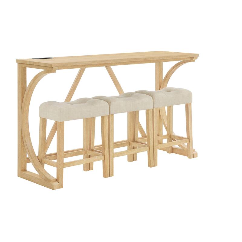 59" Bar Table Set with Power Outlet, Industrial Breakfast Table with 3 Stools, 4 Piece Counter Height Bar Table and Chair Set