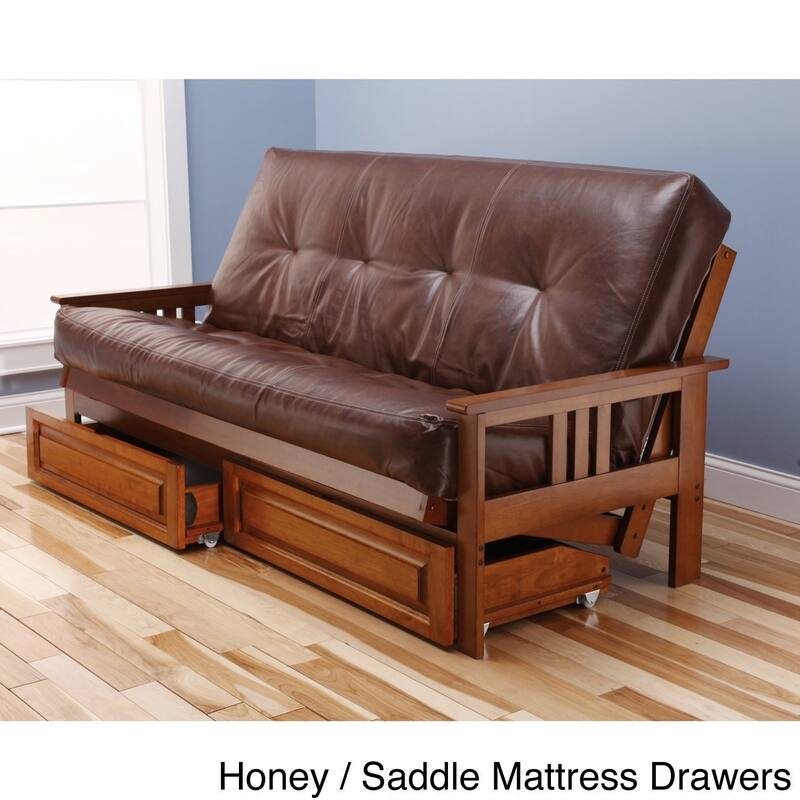 79 in. Barbados/Oregon Trail Java Leather Upholstered Full Size Futon Set with Mattress and Storage Drawers