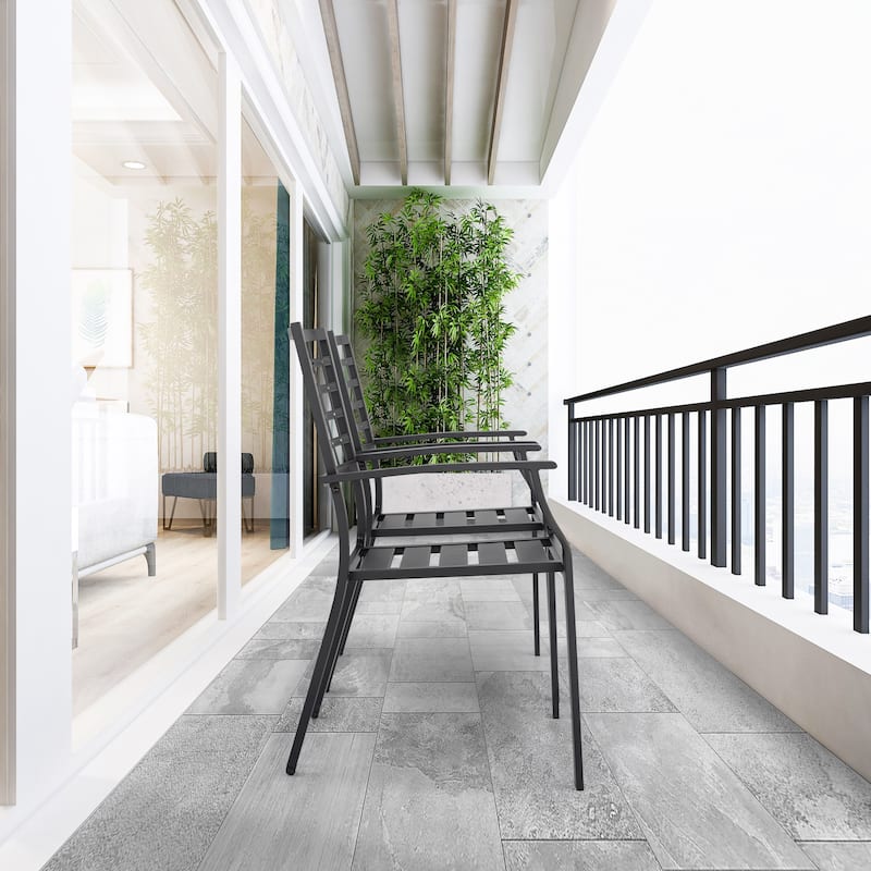 Outdoor Patio Dining Chair Set of 2, Powder-coated Iron Frame, Black