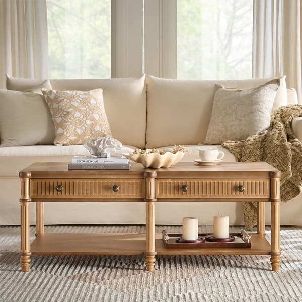 slide 2 of 24, HULALA HOME Derk Transitional 47"W Spindle Fluted Rectangular Storage Coffee Table with Solid Wood Drawers TEAK