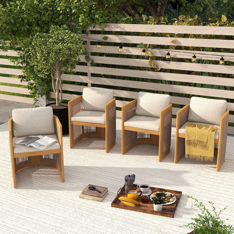 Outdoor Wooden Rope Woven Armchairs with Olefin Cushions, Set of 4 - Beige