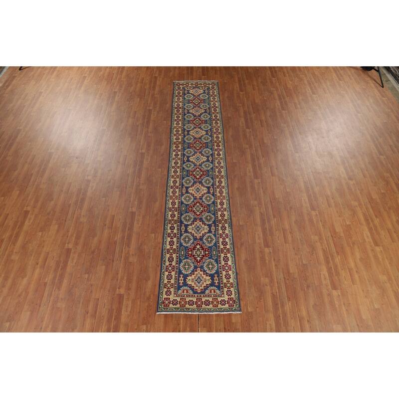 Kazak Runner Rug Hand-Knotted Traditional Blue Wool Carpet - 2'7" x 13'1"