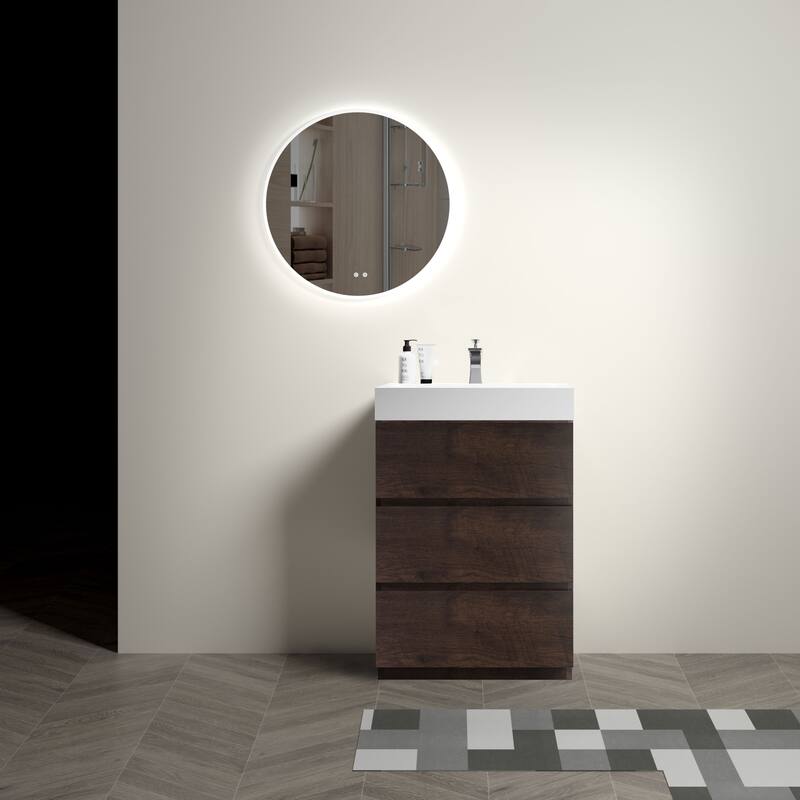 GDFStudio - Alice Walnut Freestanding Bathroom Vanity with One-Piece Matte Black Sink, Modern Handle-Free Design, Pre-Assembled