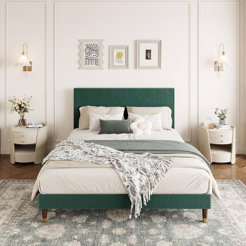 Soft Corduroy Fabric Platform Bed Frame with Upholstered Headboard, Dark Green - Queen