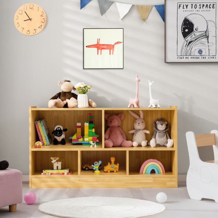 Children's Wooden Toy Storage Cabinet with 2 Shelves and 5 Cubes - 44" x 12" x 24" (L x W x H)