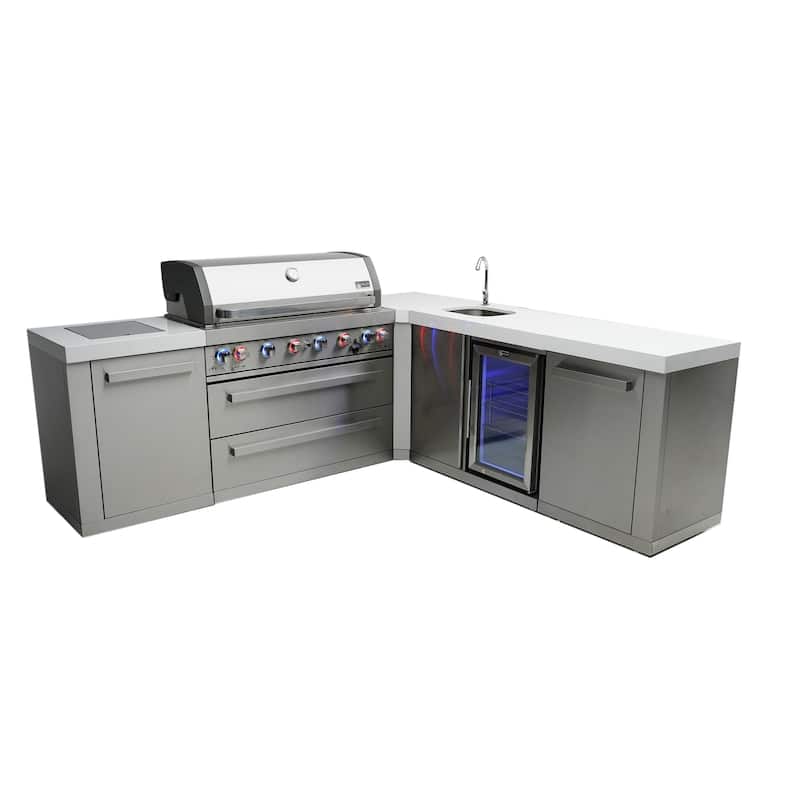 Mont Alpi Stainless Steel L-shaped 94"W x 88"D Outdoor Kitchen Island with Refrigerator Faucet & Sink + 44"W 6-Burner BBQ Grill