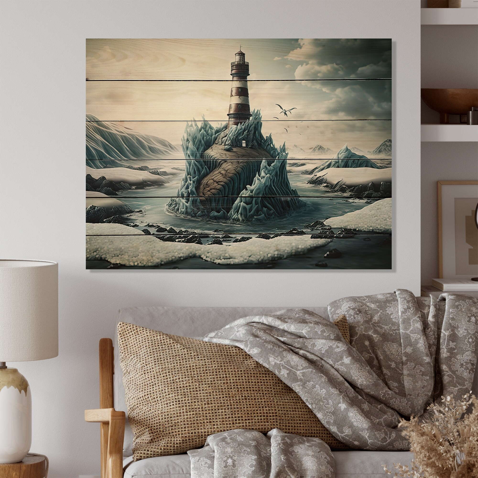 Designart Fantasy Lighthouse In The Arctic Ocean I Beach Light House Wood Wall Art Natural Pine Wood