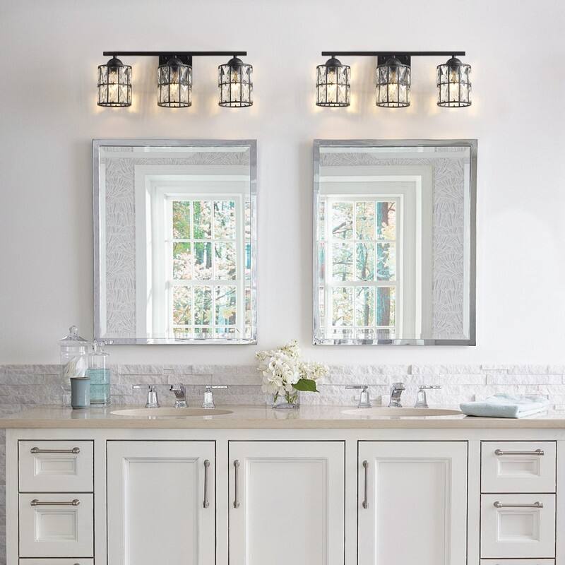 Modern 3-Light Bathroom Vanity Light in Matte Black with Clear Crystal Shades Wall Sconce Fixture