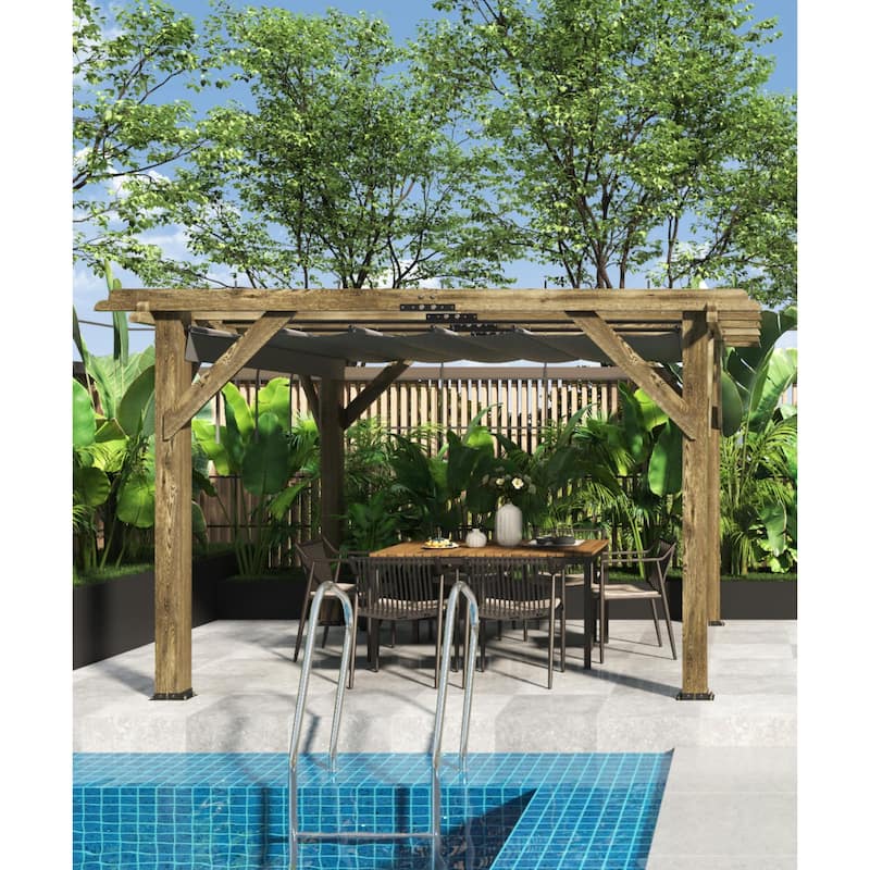 Wood Pergola with Retractable Sunshade Canopy - 10X12 Ft-4Boxs