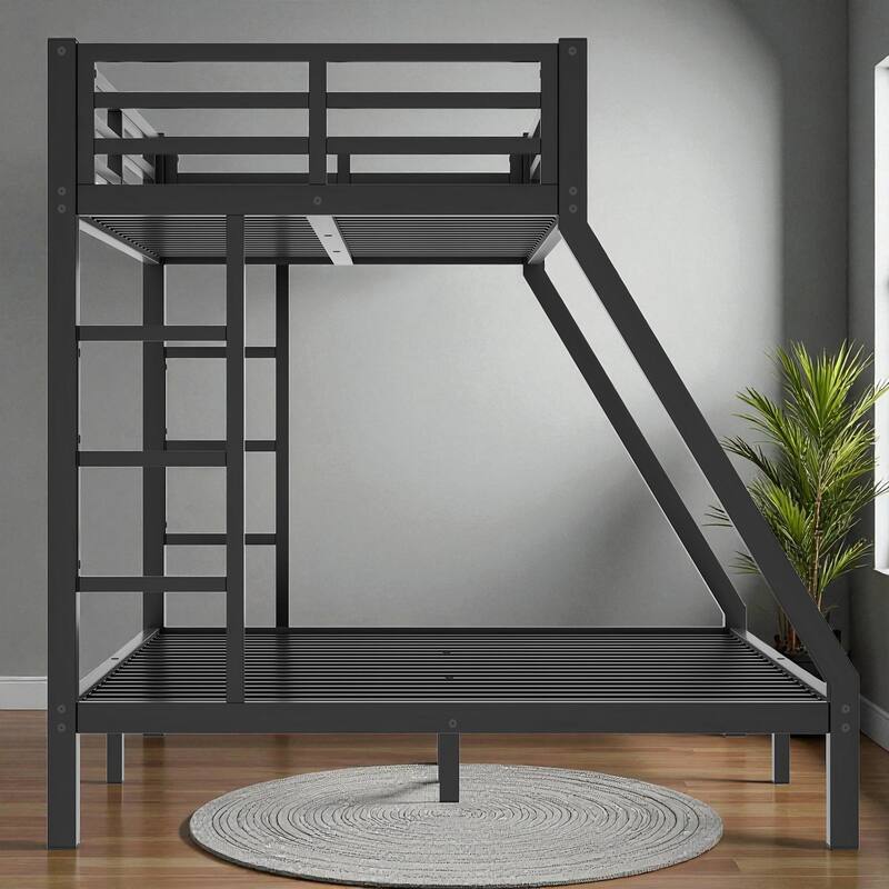Twin XL over Queen Metal Bunk Bed Frame with Dual Ladders, Guardrails, Under-Bed Storage, and Safety Design