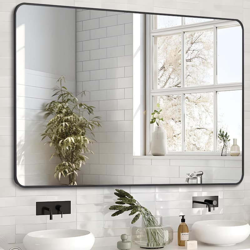 Black Metal Framed Mirror Rectangle Wall Mount Bathroom Vanity Mirror - 24x36