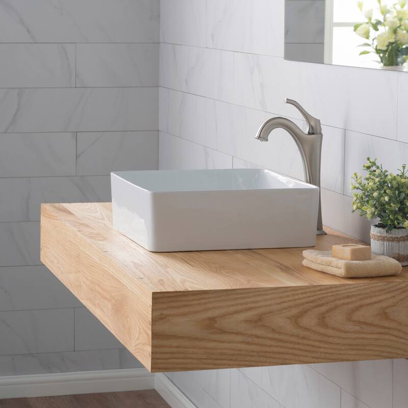 KRAUS 15 5/8 inch Viva Square White Ceramic Vessel Bathroom Sink