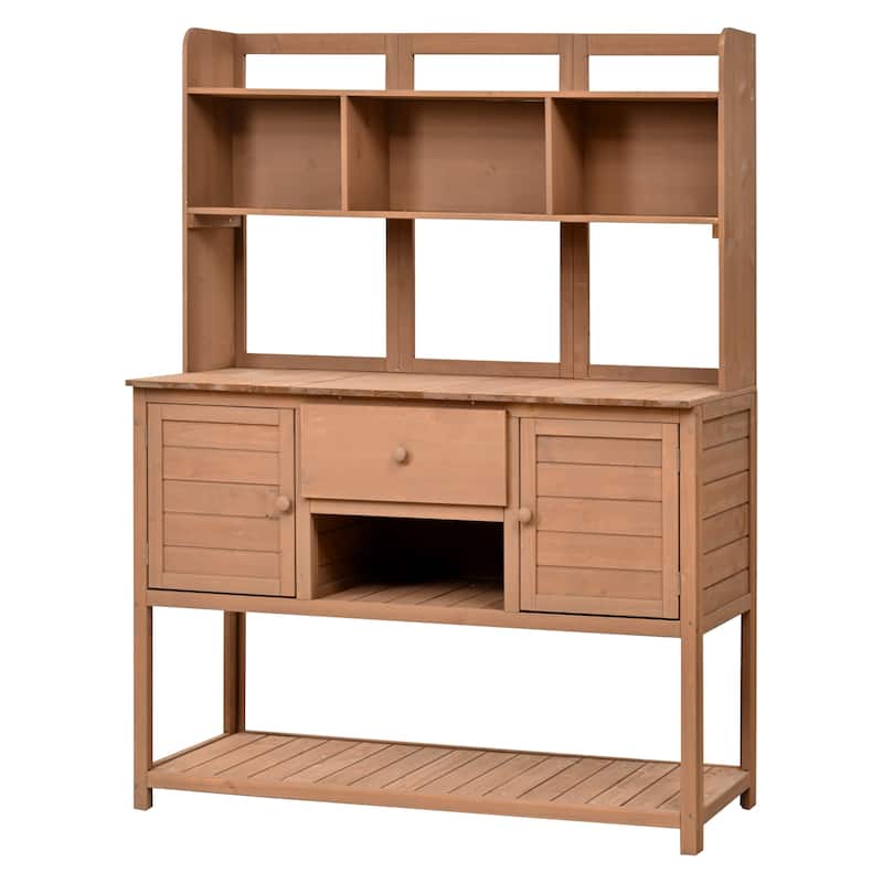Roomfitters Outdoor Potting Bench Table, Solid Fir Wood with Hutch, storage units & Adjustable Shelves for Planting