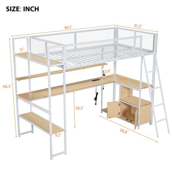 dimension image slide 0 of 2, Twin Size Loft Bed with LED Light and Built-in Work Station, Metal Loft Bedframe w/ Storage Cabinet, Shelves & Charging Station