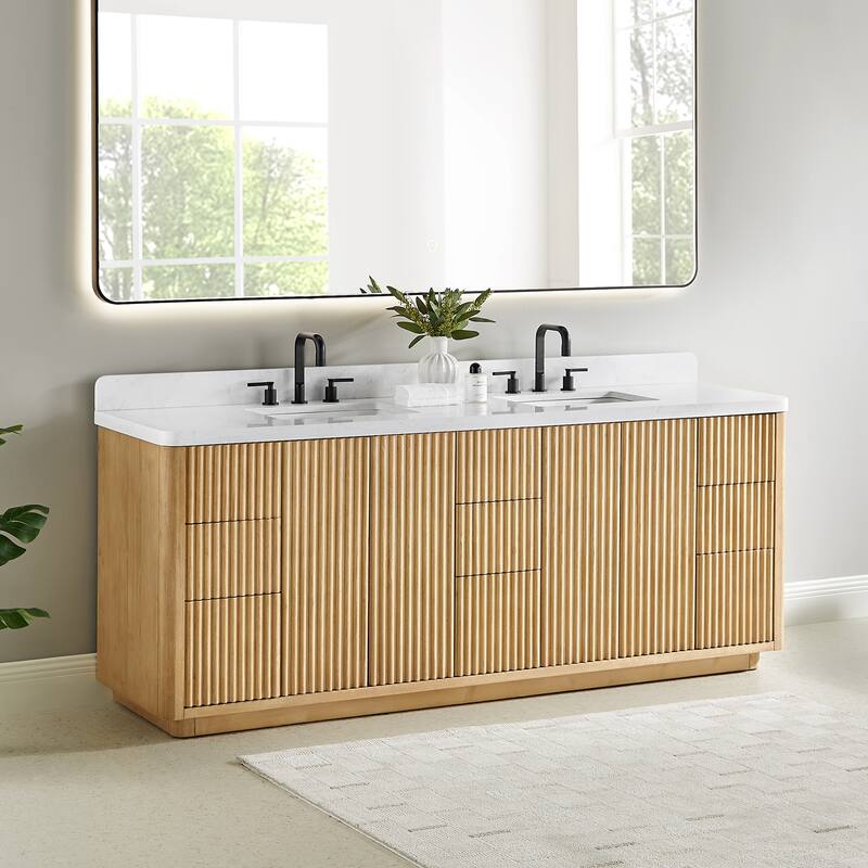 Clayton Bathroom Vanity in Washed Light Brown with Grain White Engineered Stone Countertop without Mirror - 84 inch