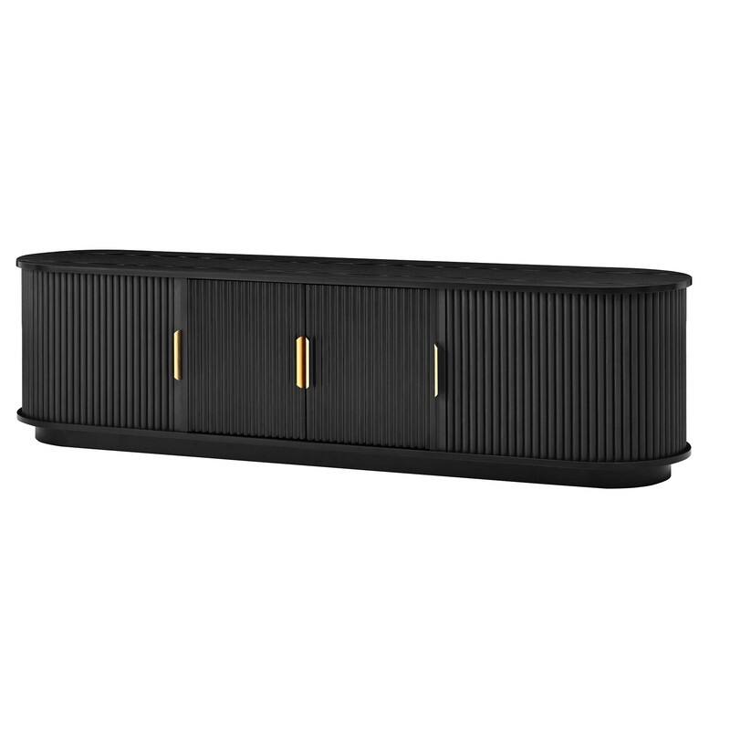 Farmhouse TV Stand with Sliding Tambour Door for 75-Inch TVs, Fluted Media Console with Adjustable Shelves and Golden Handles