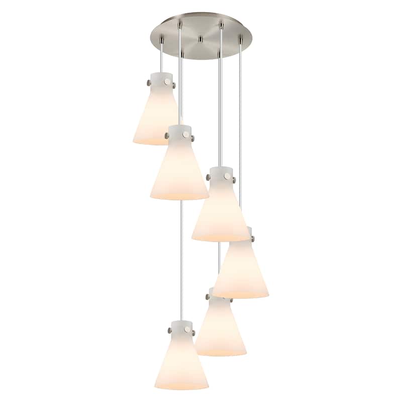 Innovations Lighting Newton Cone - 6 Light 8" Cord Hung Multi Pendant - 14" Canopy - Brushed Satin Nickel/White