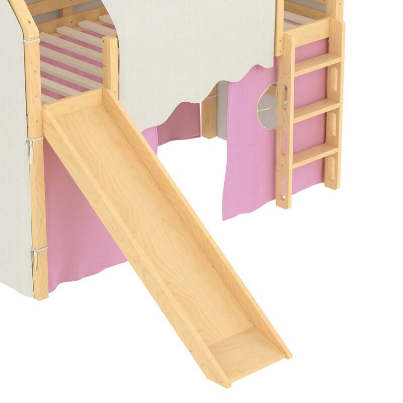 Fairytale Loft Bed Wooden House Bed with Tents, Light Strip and Slide
