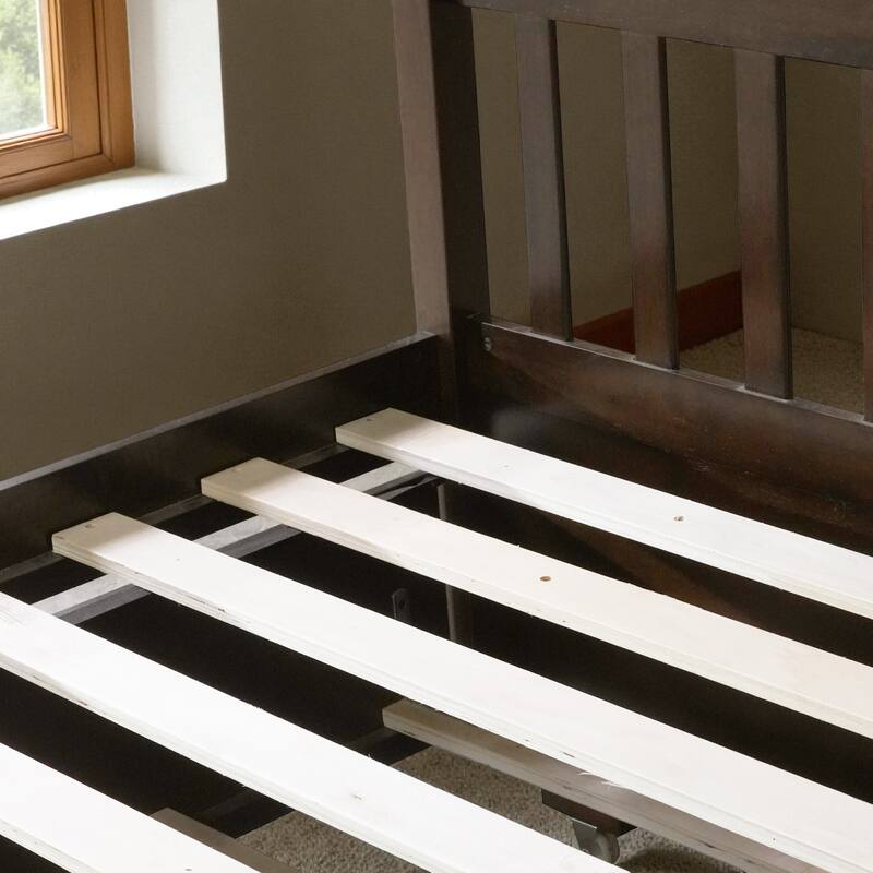 Full Over Full Rubber Wood Bunk Bed with Trundle, Convertible into Two Full Beds, Ladder and Guardrails Included