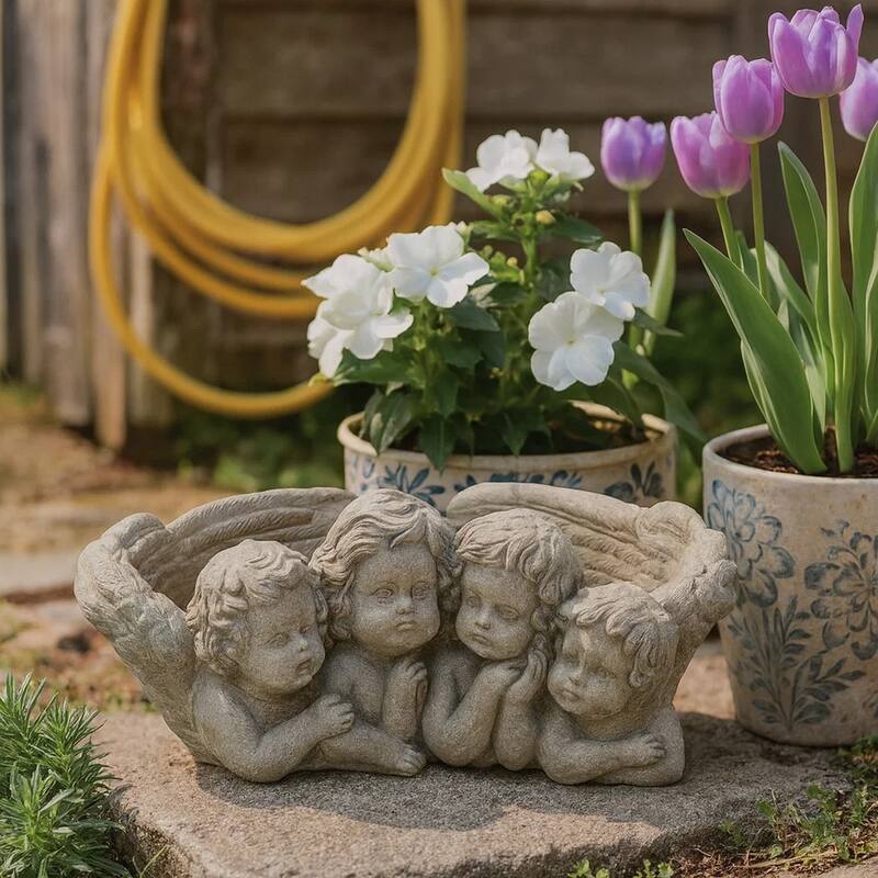 Rachel Accent Planter with 4 Sculpted Cherubs Antique White Terracotta