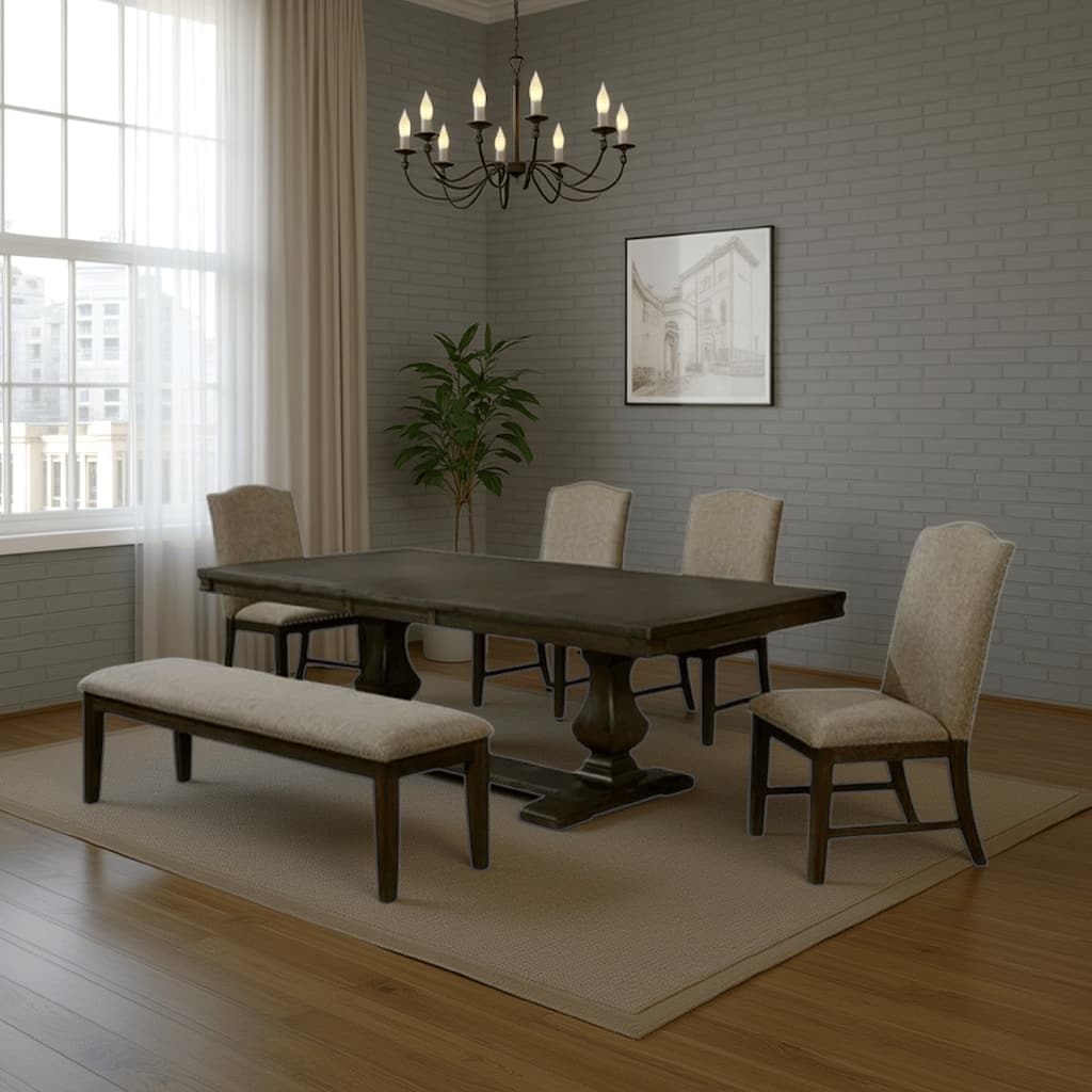 Kely 6pc Dining Table, Chair and Bench Set, Extendable Top, Brown Gray