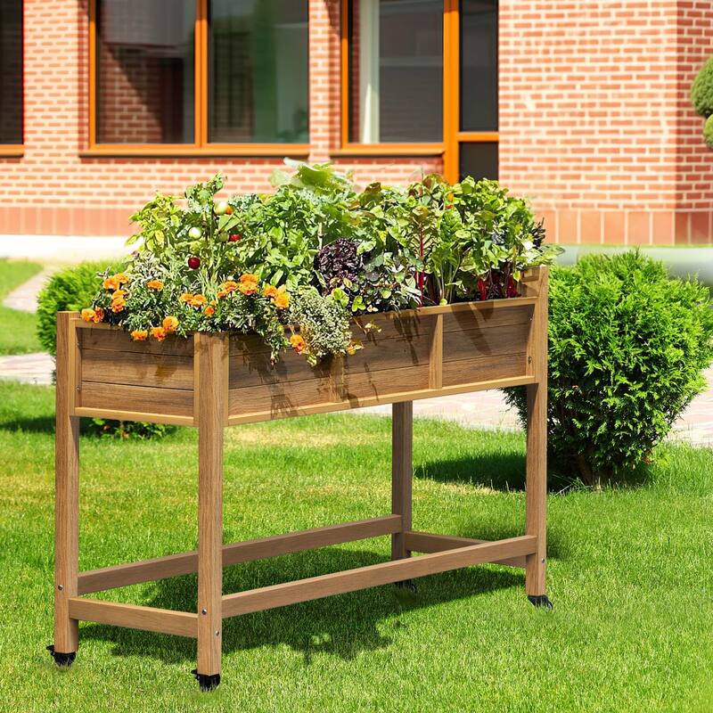 Moasis Outdoor Raised Garden Bed Planter Box Wood Mobile Elevated Stand With Lockable Wheel and Legs - Brown