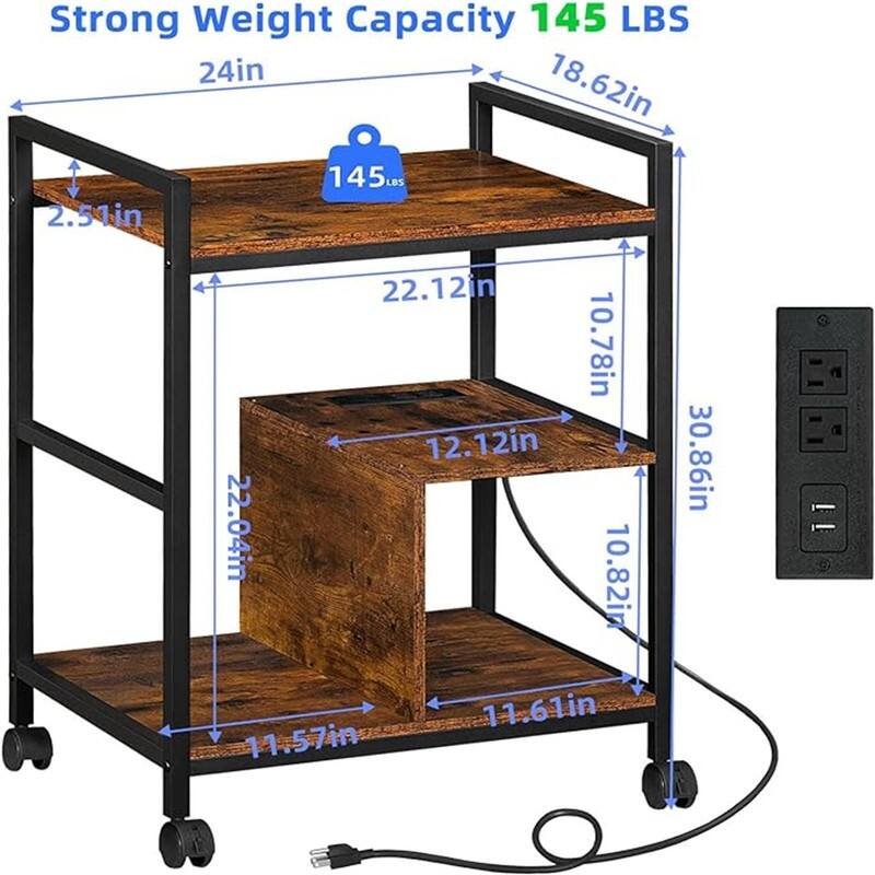 Printer Stand with Charging Station and USB Ports Large 3-Tier - 24"D x 18.62"W x 30.86"H
