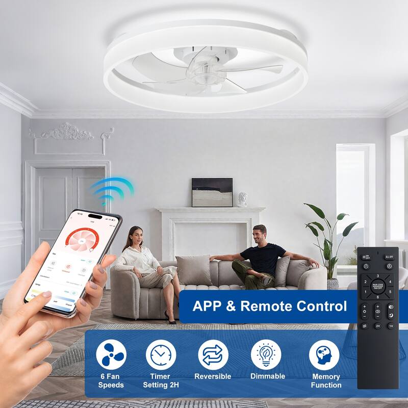 Ceiling Fan with Light: Low Profile, App Remote Control, 6-Speed, 3 CCT, Quiet DC Motor, Dimmable LED, 20" /16"