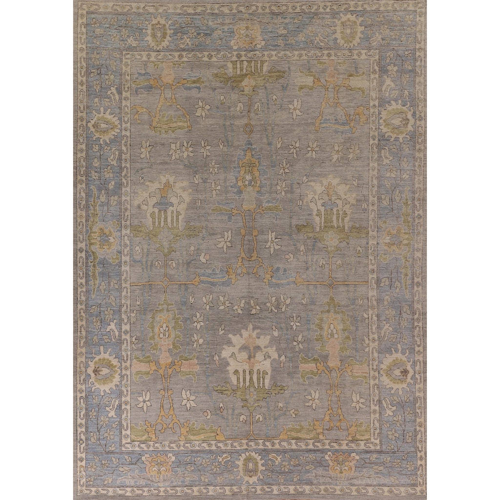 Vegetable Dye Oushak Turkish Area Rug Handmade Floral Grey Wool Carpet - 9'1" x 11'11"
