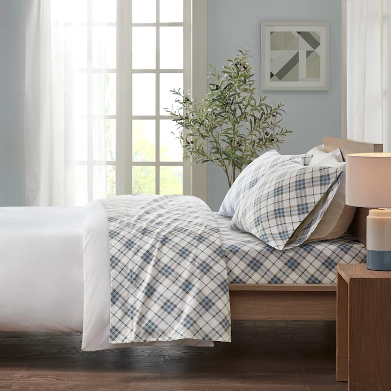 Madison Park Cozy Cotton Flannel Printed Sheet Set - Twin - Blue Plaid