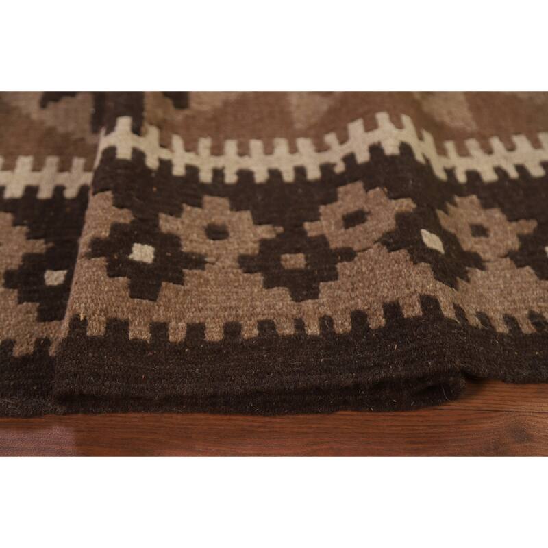 Hand Woven Oriental 100% Wool Carpet Southwestern Geometric Brown Kilim Area Rug - 9' 9'' X 6' 11''