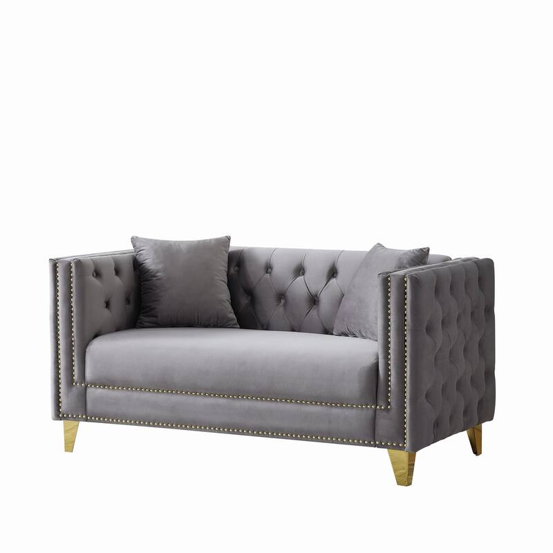 Roomfitters 58" Modern Tuxedo Loveseat with Buttoned Back and Gold Legs, Upholstered Couch with Double Nailhead Trim