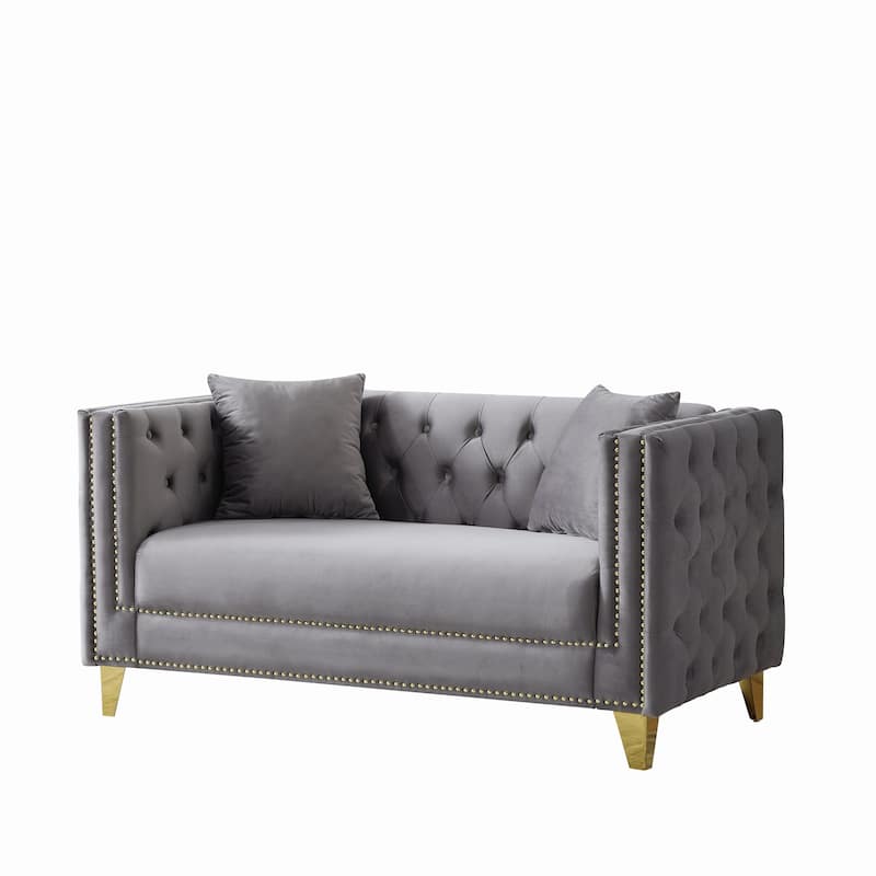 Velvet Upholstered Loveseat, Button Tufted 2 Seater Deep Seat Couche, Lounge Sofa with Nailhead Trims & Square Arms