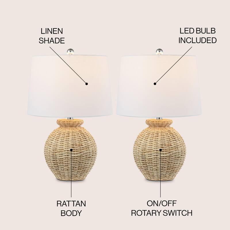 Orion 22" Rustic Coastal Rattan Globe LED Table Lamps, Brown (Set of 2), by JONATHAN Y