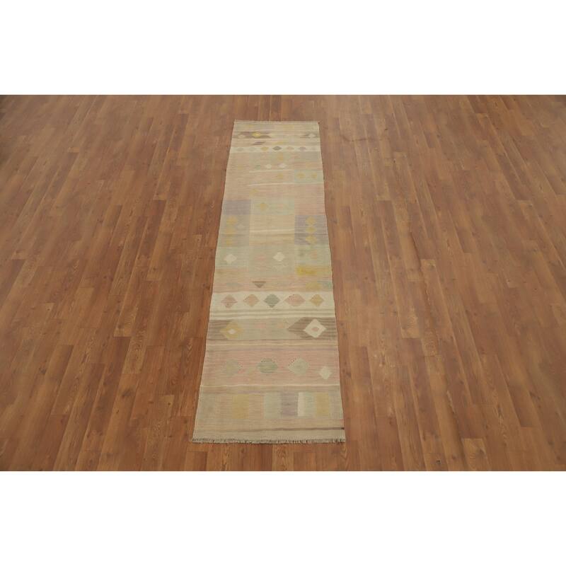 Hand Woven Oriental 100% Wool Carpet Southwestern Tribal Pink Kilim Runner Rug - 7' 9'' X 2' 0''