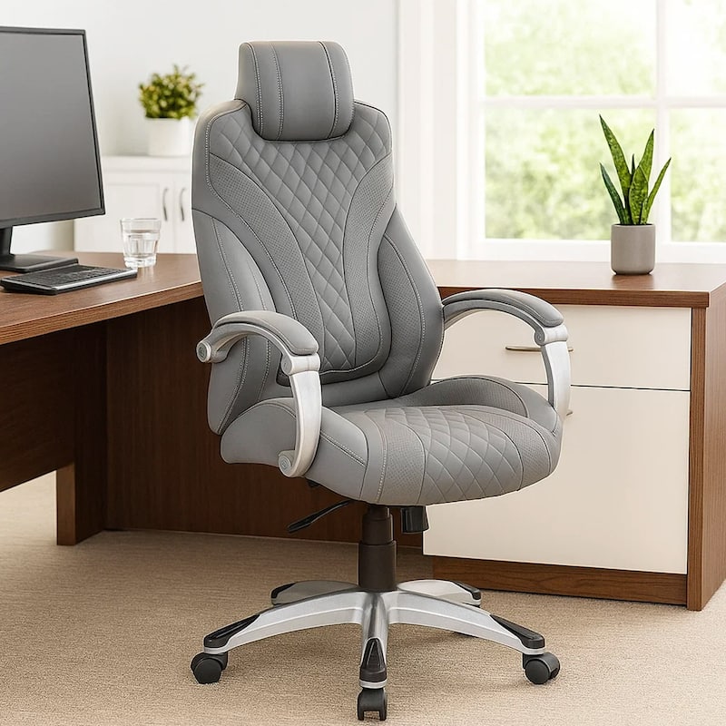 Kelly Rolling Executive Armchair, Gray Stitched-Back Caressoftplus