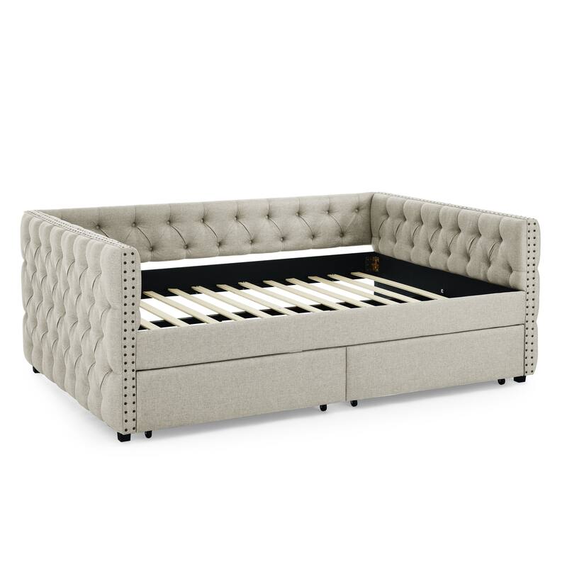 Full Size Daybed - Linen Upholstered Daybed with Storage,Button and Copper Nail