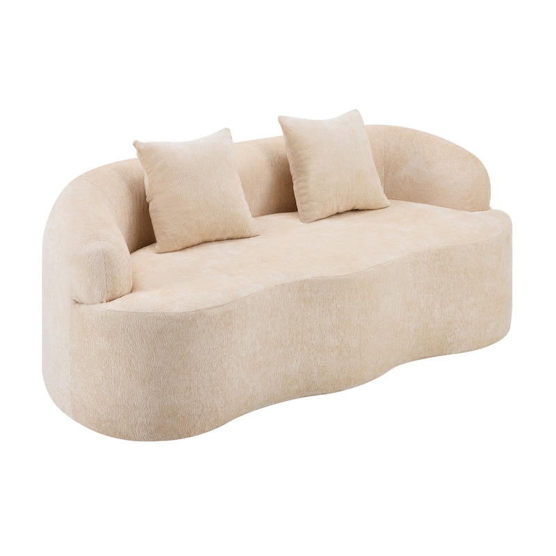 Beige Curved Loveseat Sofa With Round Armrest, Compression Couch With 2 Pillows, Cream Couch For Small Space