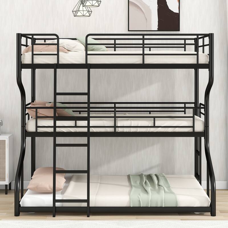 Full XL Over Twin XL Over Queen Size Triple Bunk Bed with Long and Short Ladder, 3 in 1 Metal Heavy Duty Bedframe for Kids Teens