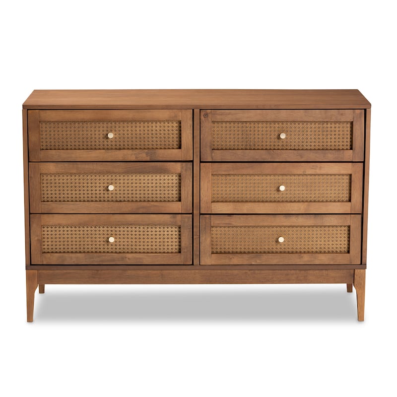 Ramiel Mid-Century Modern Ash Walnut Finished Wood and Rattan 6-Drawer Dresser