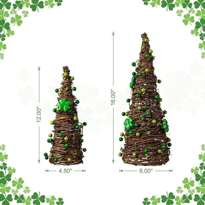 Glitzhome 16"H Set of 2 St. Patrick's Rattan Shamrock and Berries Table Tree